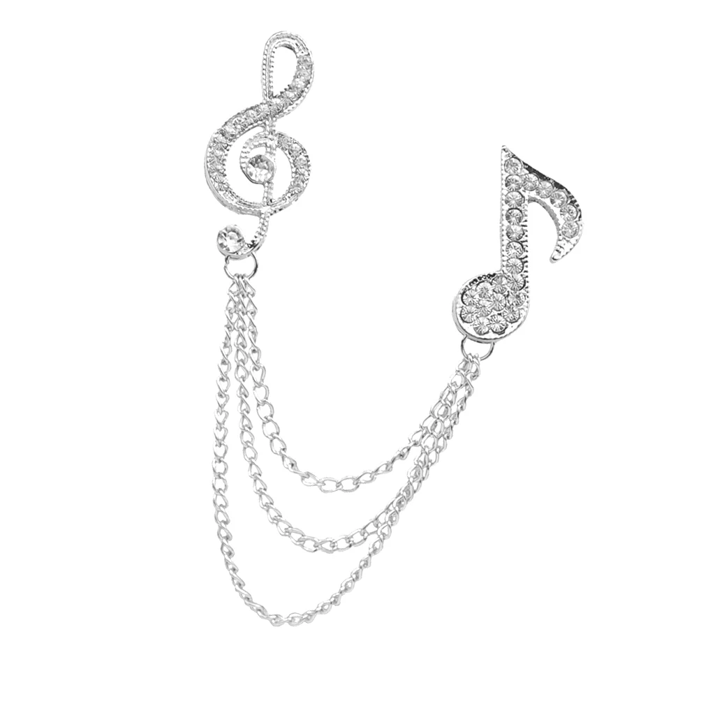Crystal Music Note Chain Brooch Pin, Shirts Neck Collar Tips with Layers Tassel Chain Blouse Lapel Pins for men women