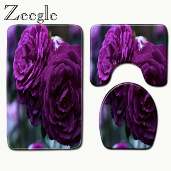 

Zeegle 3Pcs/set Printed Bathroom Set Carpet Absorbent Non Slip Water Pedestal Absorb Floor Rug Lid Toilet Cover Bath Mats