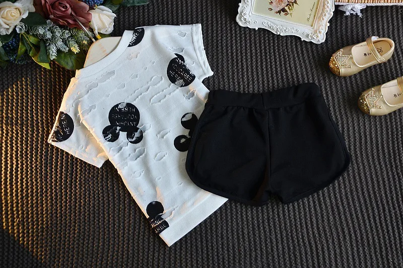 Комплект детской хлопковой одежды из 2 предметов с изображением Принцессы Диснея и Минни, футболка+ шорты, летние шорты с Микки Маусом для маленьких девочек, короткие штаны с короткими рукавами