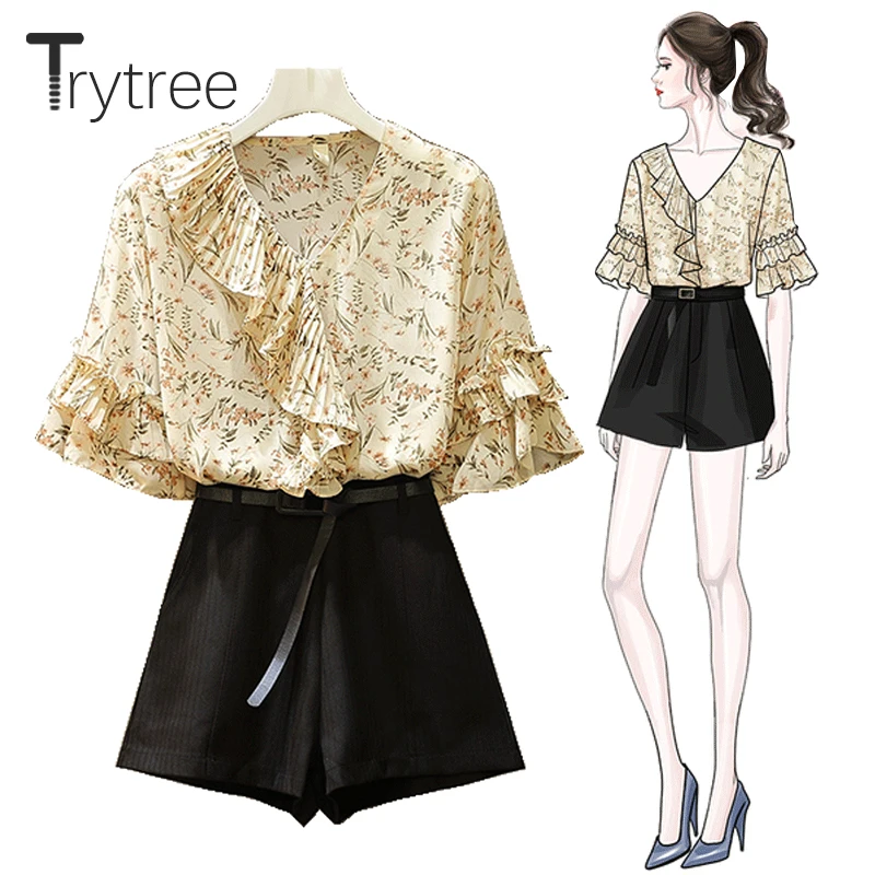 

Trytree Summer Women two piece set Casual Print Floral V-neck Ruffles Flare Sleeve Top + Shorts Pockets Belt Set 2 Piece Set