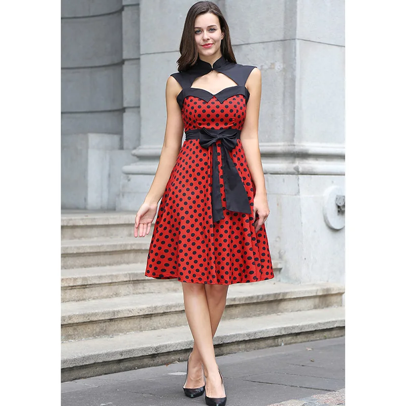 Jli may женщины dot лук midi качели dress винтаж партия черный белый красный мандарин