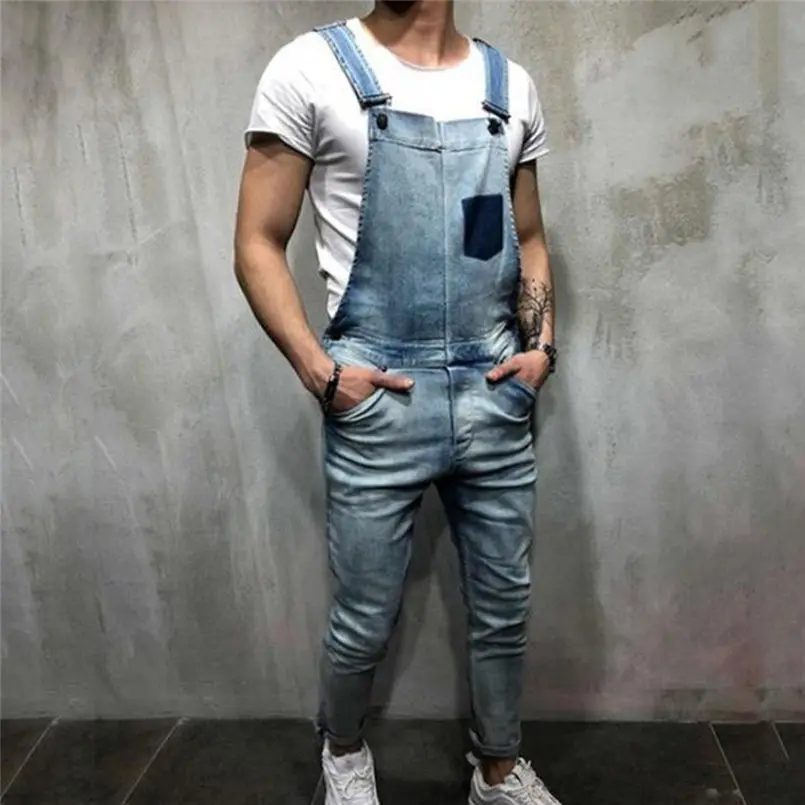 New Men Summer Autumn Fashion Overall Casual Jumpsuit Jeans Wash Broken Pocket Trousers Suspender Pants Brief Joggers Pant #4R06 (2)
