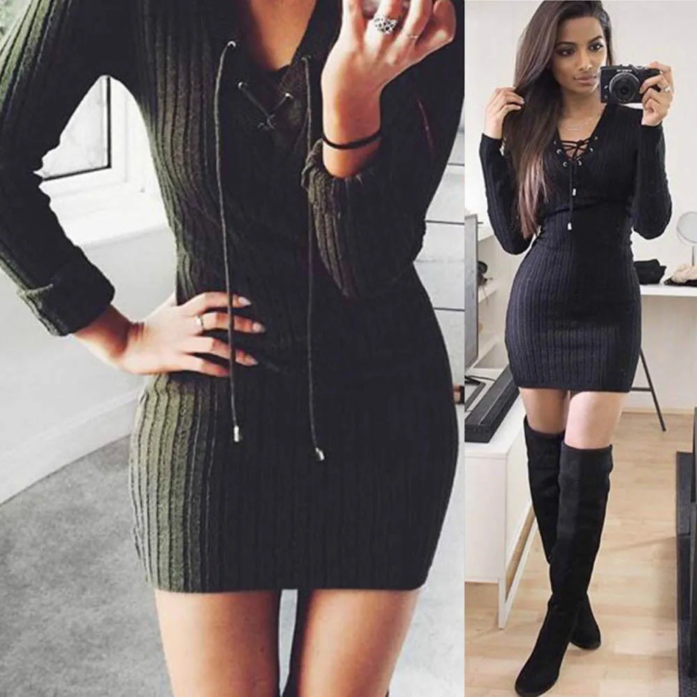 

Women Winter Long Sleeve Knitted BodyCon Sweater Dress