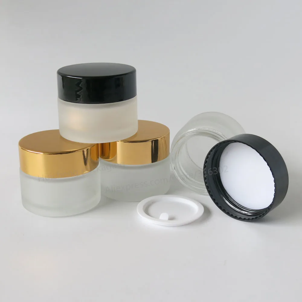 

20 x 15ml Empty Frost Glass Cream Jar with Gold Black Lids white seal 1/2oz Make Up Cosmetic Glass Containers