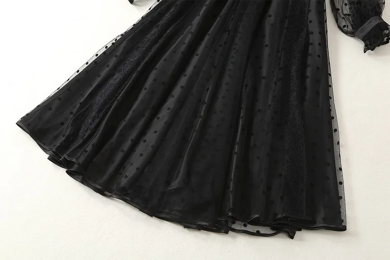 Платье черного цвета сезон: весна–лето модные Стиль женские соблазнительные прозрачные горошек сетки с длинными рукавами в стиле пэчворк большие качели коктейльное платье
