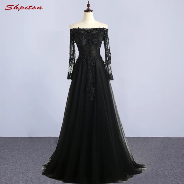 Black Long Sleeve Lace Evening Dresses Party A Line Women Beautiful Off ...