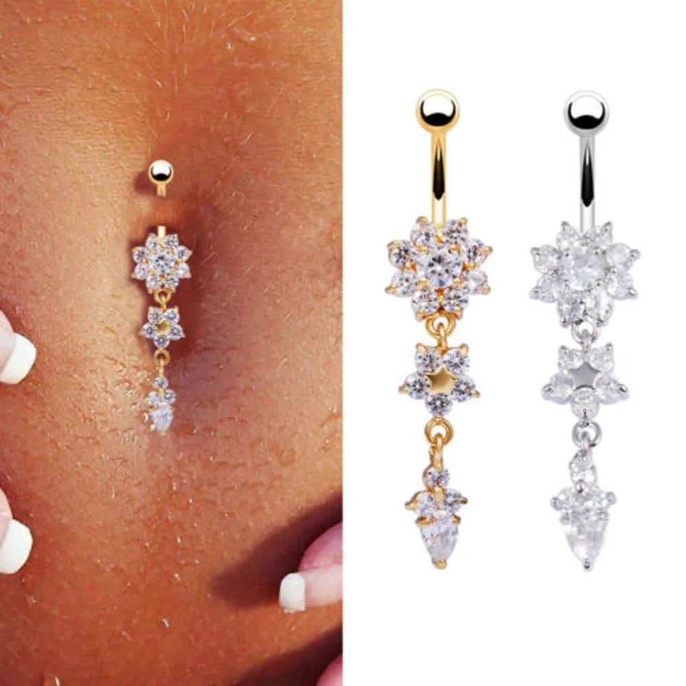 Sexy Dangle Belly Bars Belly Button Gold Silver Rings Belly Piercing Cz Crystal Flower Body 