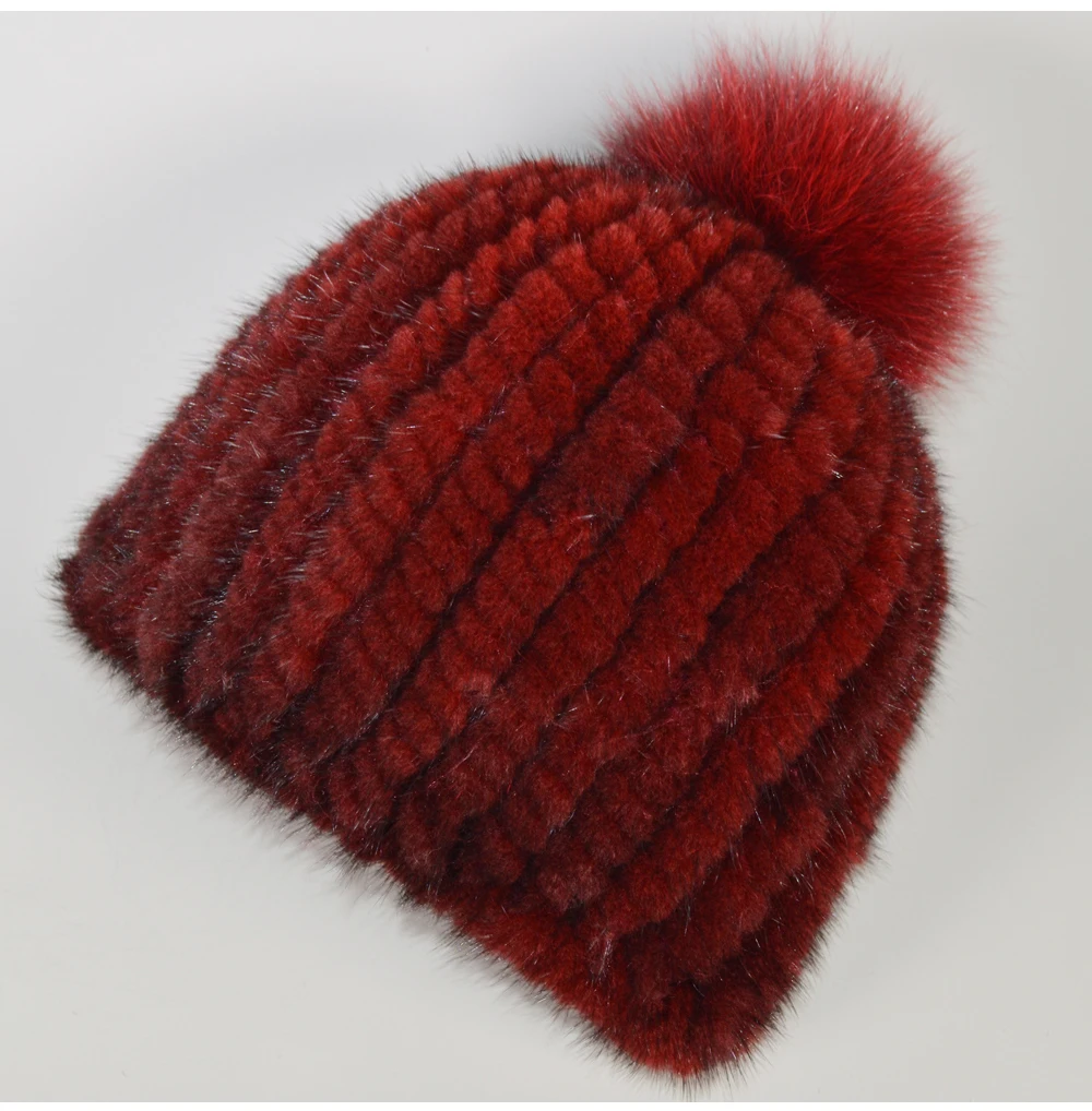 Lovely Real Mink Fur Hat Women Winter Knitted Real Mink Fur Beanies Hats With Fox Fur Pom Poms New Thick Real Mink Fur Cap