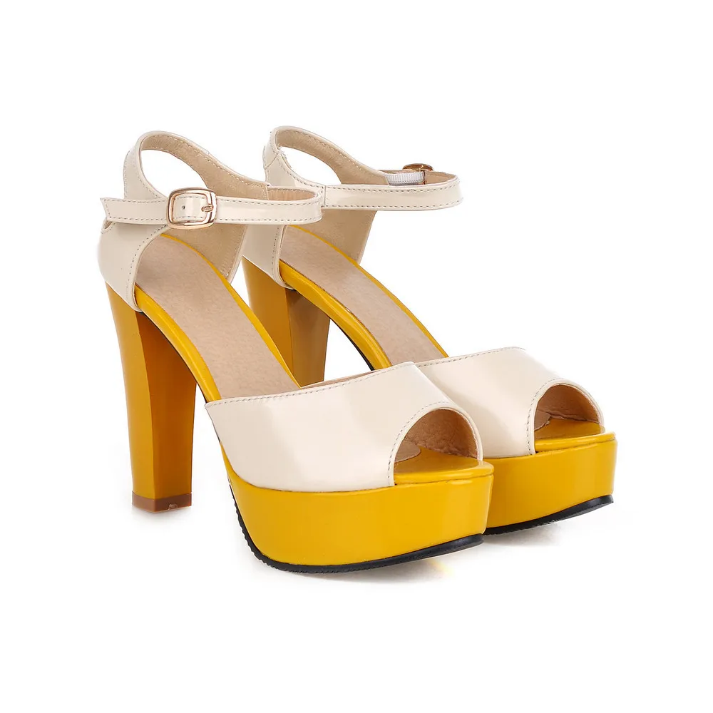 ASUMER/модные летние женские туфли желтого, синего, розового и красного цвета; женские босоножки на высоком каблуке с открытым носком и пряжкой на платформе; большие размеры 33-43 - Цвет: yellow