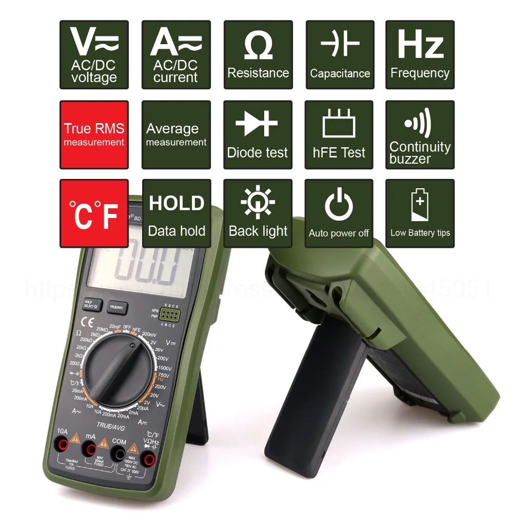 Borbede BD-19B Цифровой мультиметр ЖК-дисплей DC AC Напряжение Ток Сопротивление Емкость температура True RMS диод тестер 2000 отсчетов