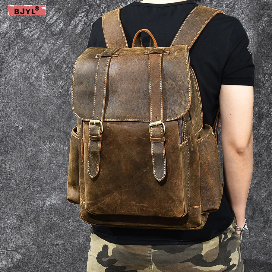 

BJYL First layer cowhide men's shoulder bag wide strap genuine leather men retro 14 inch Laptop travel backpack computer bags