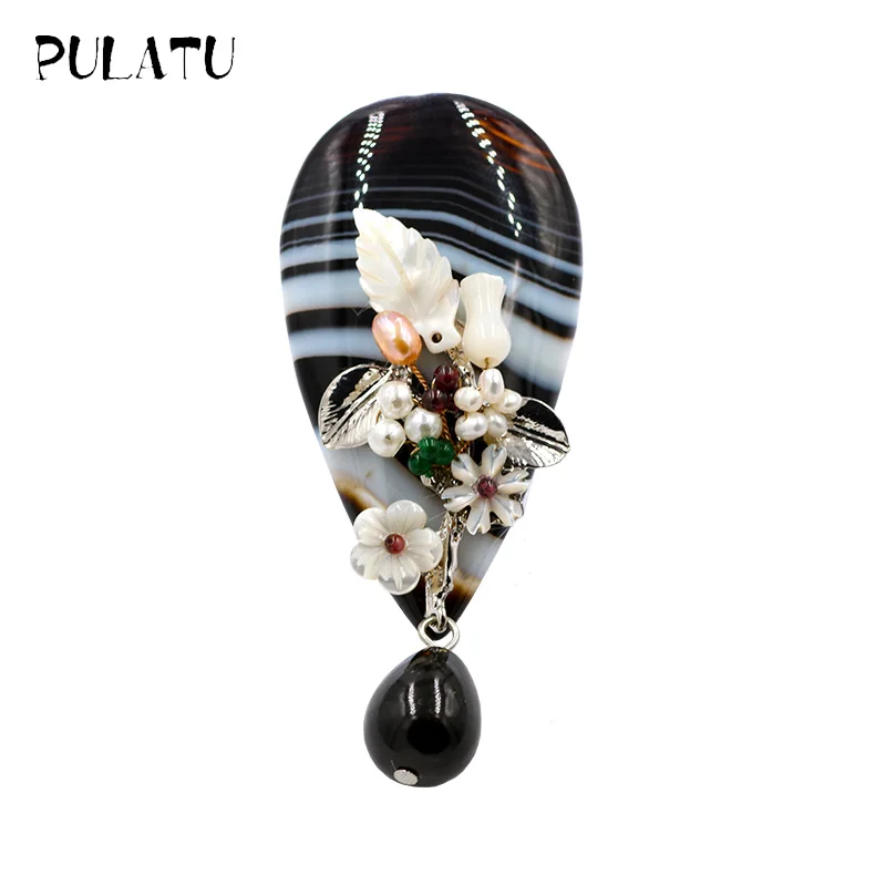 

Pulatu Natural Handmade Brooch Pins Women Fashion Black Stripe Natural Shell Pearl Flowers Brooches Female Accessories Party