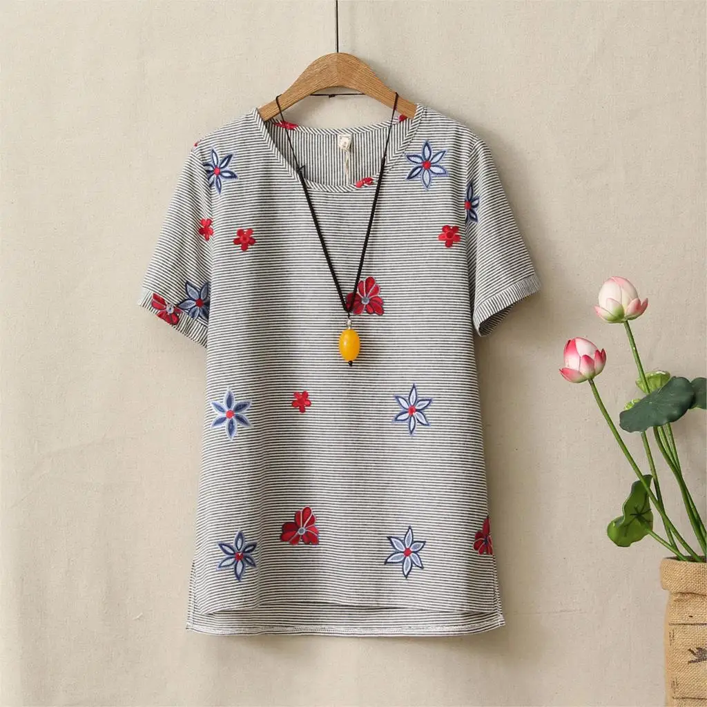 Fresh Cute Flower Embroidery Cotton Linen Tee Shirts Womens Short