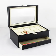 Винтажные 10-слот двойной слой Структура дерева кожа часы дисплей шкатулка дело со стеклянной крышкой черный 2136b