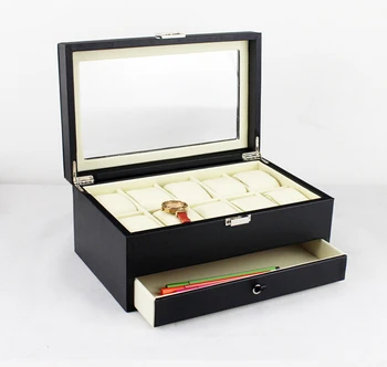 

vintage 10-slot double layer wood structure leather watch display box jewelry box case with glass lid black 2136B