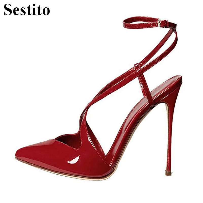 

2018 Summer Women Solid Pointed Toe Super High Wedding Women Pumps Basic Sweet Cross-tied Thin Heels Buckle Shoes Spring/Autumn