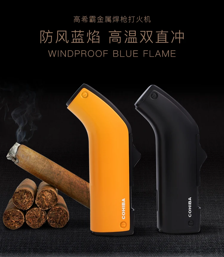 COHIBA гаджеты Ветрозащитная 2 фонарь струя пламени зажигалка для сигар со встроенными сигары удар сигарет газовые зажигалки с бутаном есть подарочная коробка