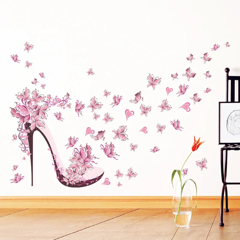 Обувь на высоком каблуке, ветка летающих бабочек, наклейка на стену, домашний декор, Настенная роспись, сделай сам, для детей, девочек, для украшения спальни, обои