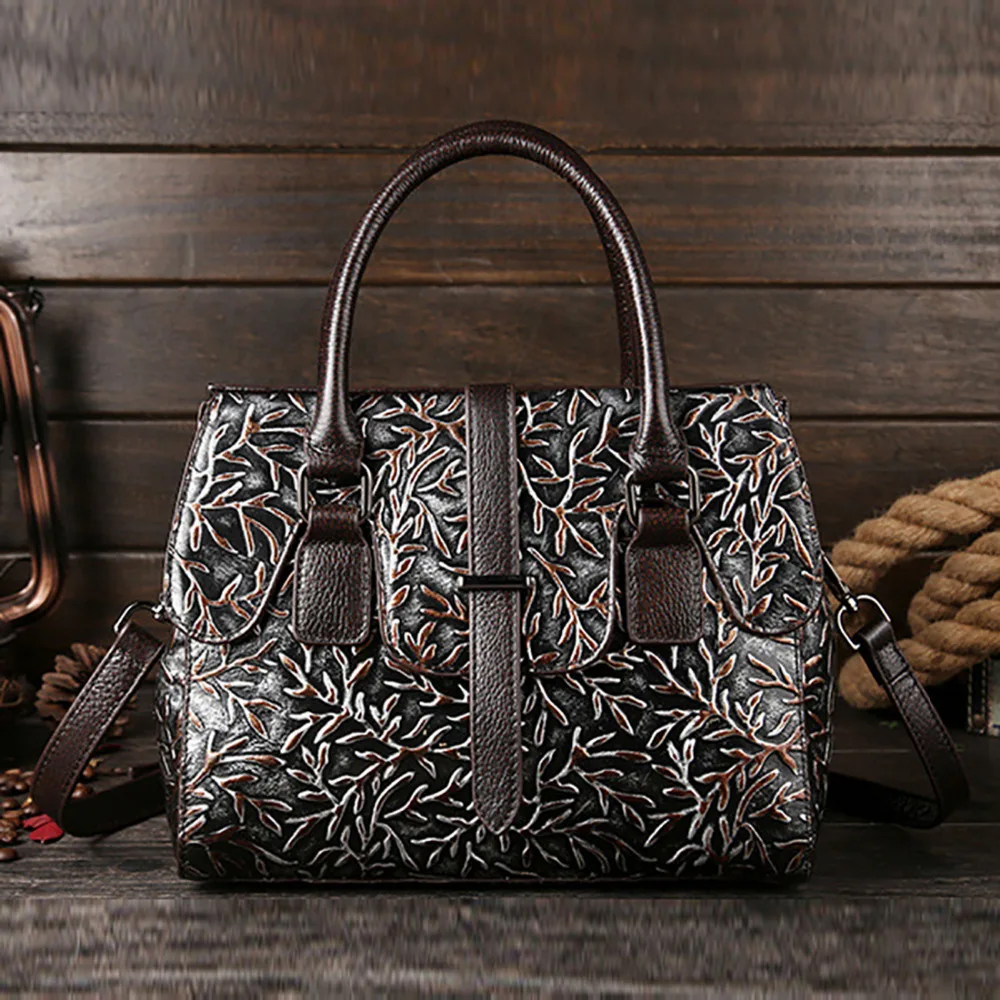 

100% Genuine Leather Messenger Shoulder Tote Handbag Women Vintage Floral Pattern High Quality Cross Body Top Handle Bag