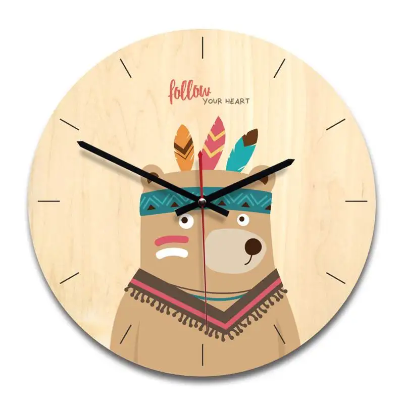 Retro Creative Cartoon Wall Clock 11inch European Minimalist Wooden Decorative Clock Animal,cat,lion,Kids Wall Clock Home Decor