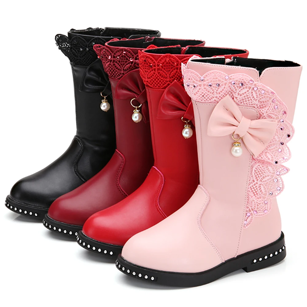 JACKSHIBO New Girl Snow Boots With Bow Tie for Girls Boots Watertight