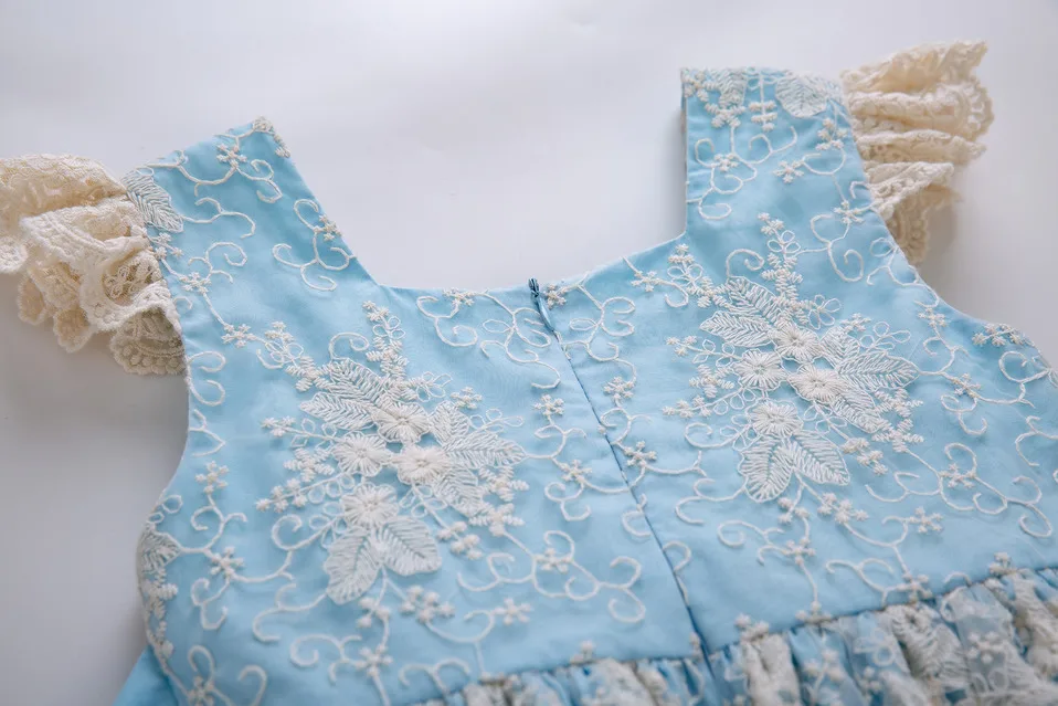 Pettigirl/летнее голубое платье для девочек с многослойным кружевным цветком; платье для свадебной вечеринки; милая детская одежда; G-DMGD203-29