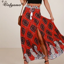 Colysmo, Женская длинная юбка с цветочным принтом, юбка богемная, Boho, летние пляжные макси-юбки, сексуальная клубная Асимметричная обертка, юбка, новинка