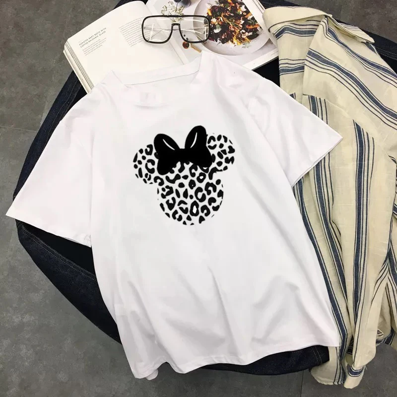 Женская летняя футболка Camiseta Mujer Ulzzang топы графическая Femme леопард Микки Минни
