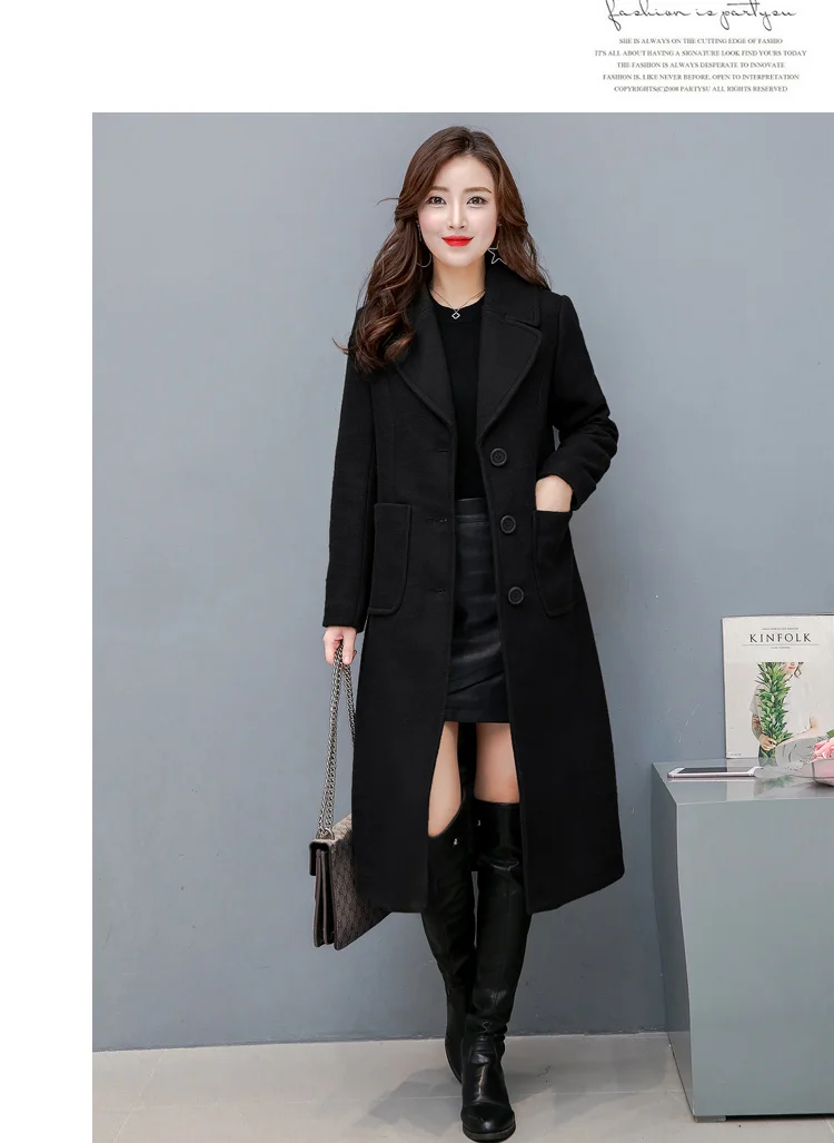 Длинное утепленное шерстяное пальто до колена тонкое черное пальто для женщин длинное пальто офисная нормальная одежда Большие размеры Femininos 4XL