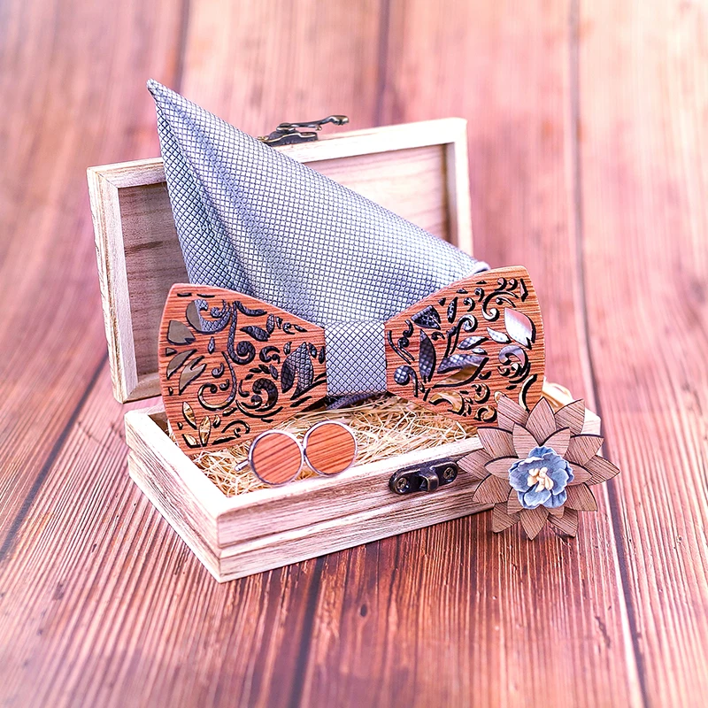  Wood BowTie Handkerchief Set Men's wooden Bowtie with cufflinks Floral design wood Box Fashion Nove
