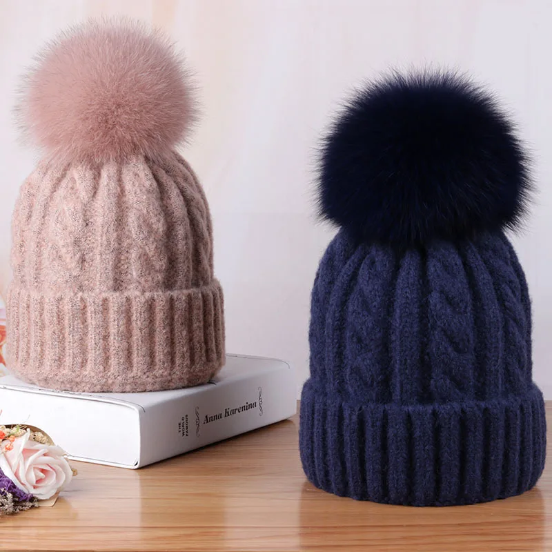 

Women hat Real fox fur 15CM pom poms ball Keep warm winter hat for women girl 's wool hat knitt