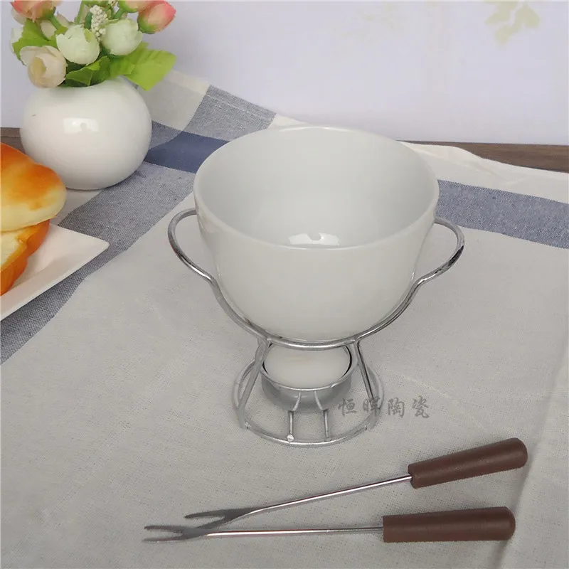 Ceramic Cheese fondue set cheese warmer chocolate pot on a metal stand