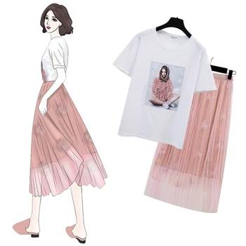 

New 2019 Runway Pink 2 Piece Set Women pink knot Irregular Crop Top Cotton T Shirt + Mesh Floral Tulle Long Skirts Suits