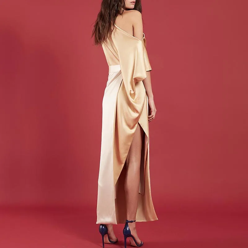 one shoulder wrap side slit maxi dress