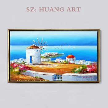 

Modern Mediterranean Greece hand-painted oil painting scenery household knife painted white wall adornment lobby sofa bedroom bo