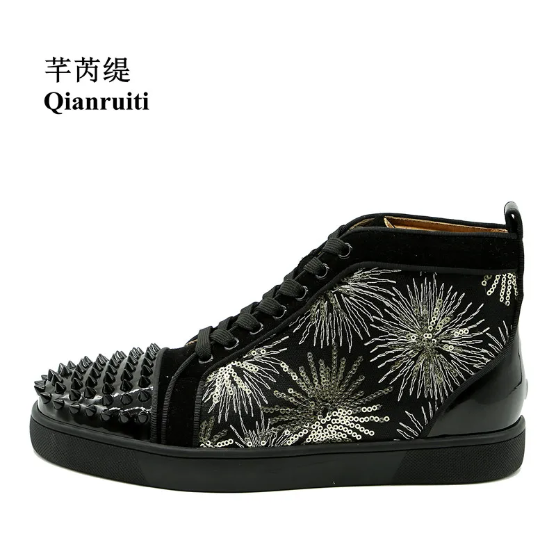 

Qianruiti Men Firework Embroidery Sneaker High Top Espadrilles Platform Flat Lace-up Rivet Ankle Boots Sequins Zapatillas Hombre