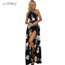 Nova Floral Imprimir Halter Chiffon Longo Vestido Mulheres Backless Verão Vestidos Maxi Vestidos Sexy 3 Cores Femme Vestido de Praia Divisão
