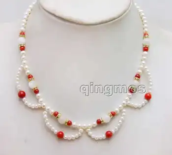 

Women Charm White Flower Lace 4-6mm White Round Natural Pearl and 8mm Moonstone & Red Coral 17" necklace-nec6433 Free ship