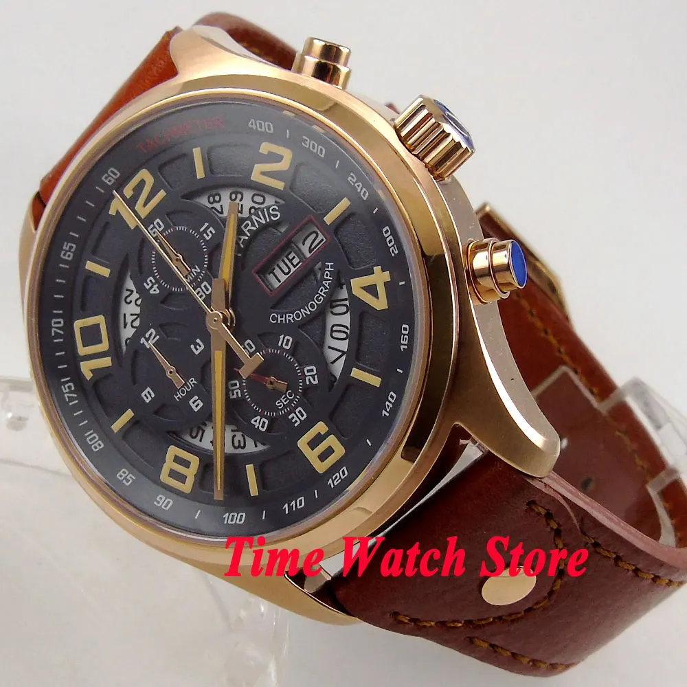 

Parnis 43mm GOLD case sapphire glass Full chronograph date week display Quartz movement Men's watch men 883