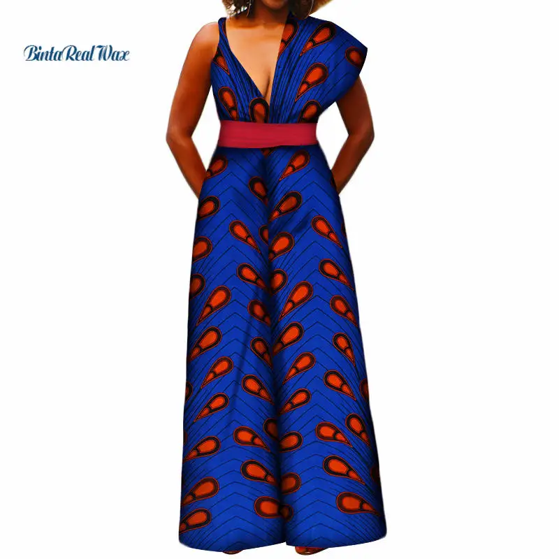 

Fashion Women African Design Print Jumpsuit V-neck Asymmetrical Shoulder Wide Pants Jumpsuit Women African Clothing WY3391
