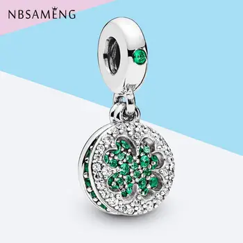 

Real 925 Sterling Silver Beads Dazzling Green Clover Pendant Crystal Charm Fit Bracelets Necklaces Women DIY Jewelry