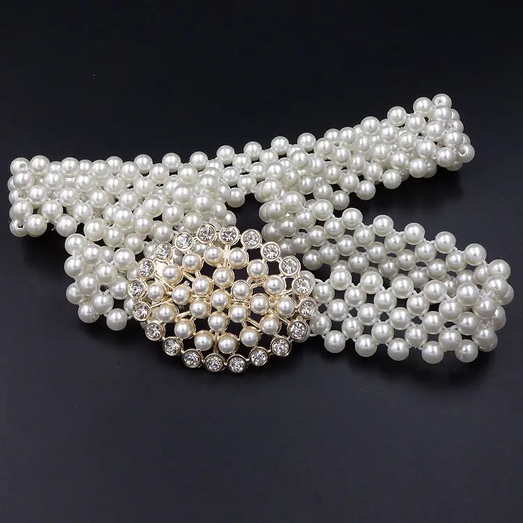 

Badinka 2019 New Fashion Accessories Elegant Silver Buckle Inlaying Rhinestone Pearl Flower Elastic Belts Women Strap Waistband