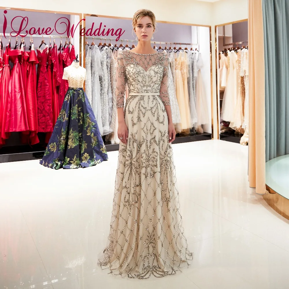 

iLoveWedding 3/4 Sleeves Heavy Beadings A Line Vintage Style Long Sleeves Sheer Back Champagne Evening Dresses 2018