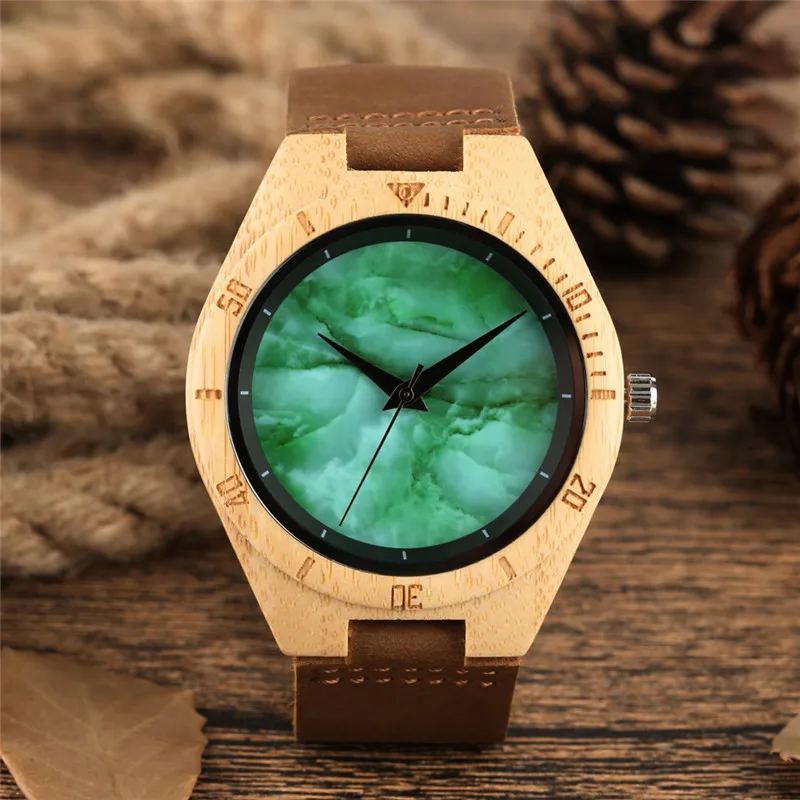 

Unique Green Dial Wooden Watch Clock Man Excellent Natural Big Dial Wooden Watches Leather Band Quartz Movement Wood Watch