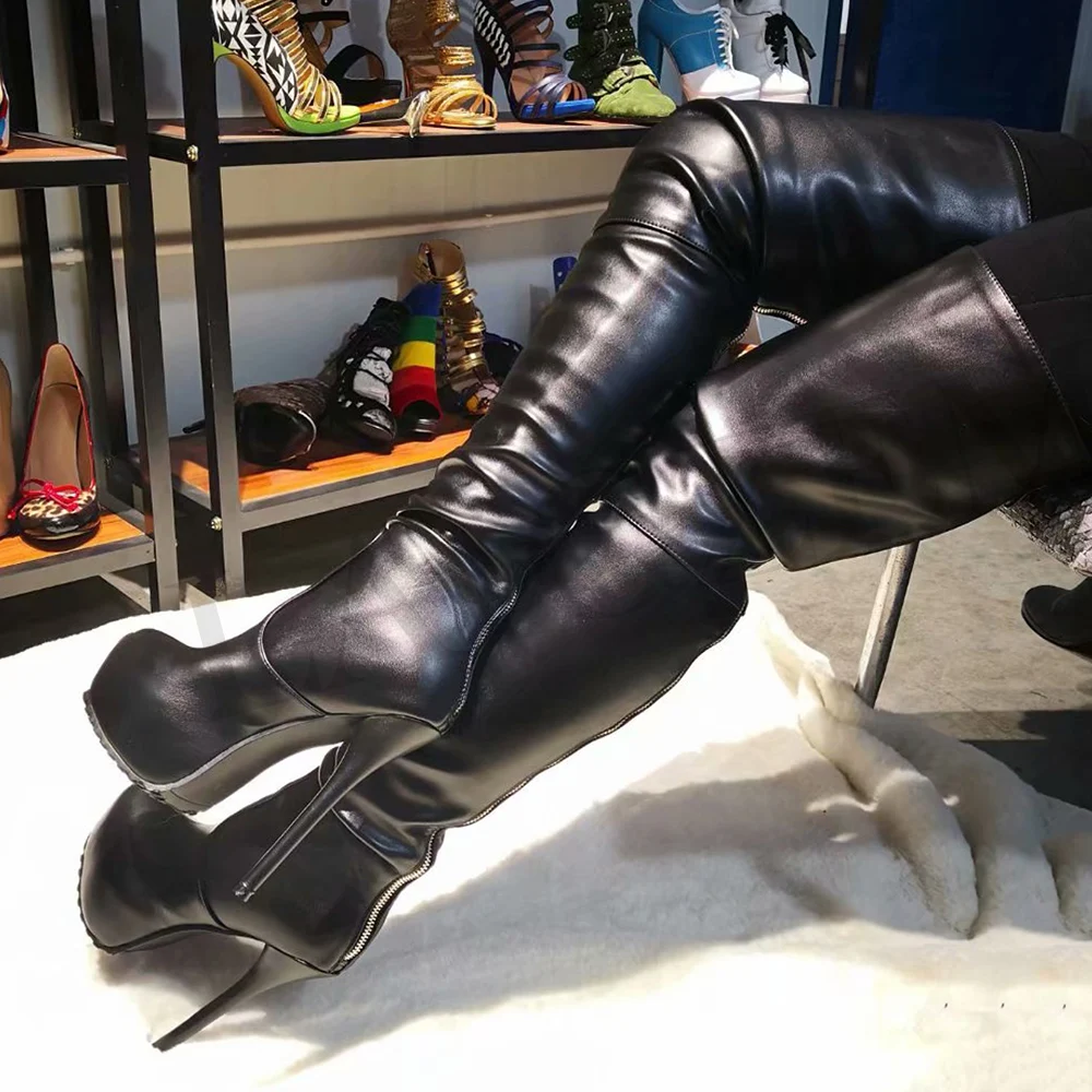 LAIGZEM Women Over-the-Knee Boots Faux Leather Wateproof Back Long Zipper SEXY Ladies Shoes Womam Botines Mujer Big Size 4-19 (5)