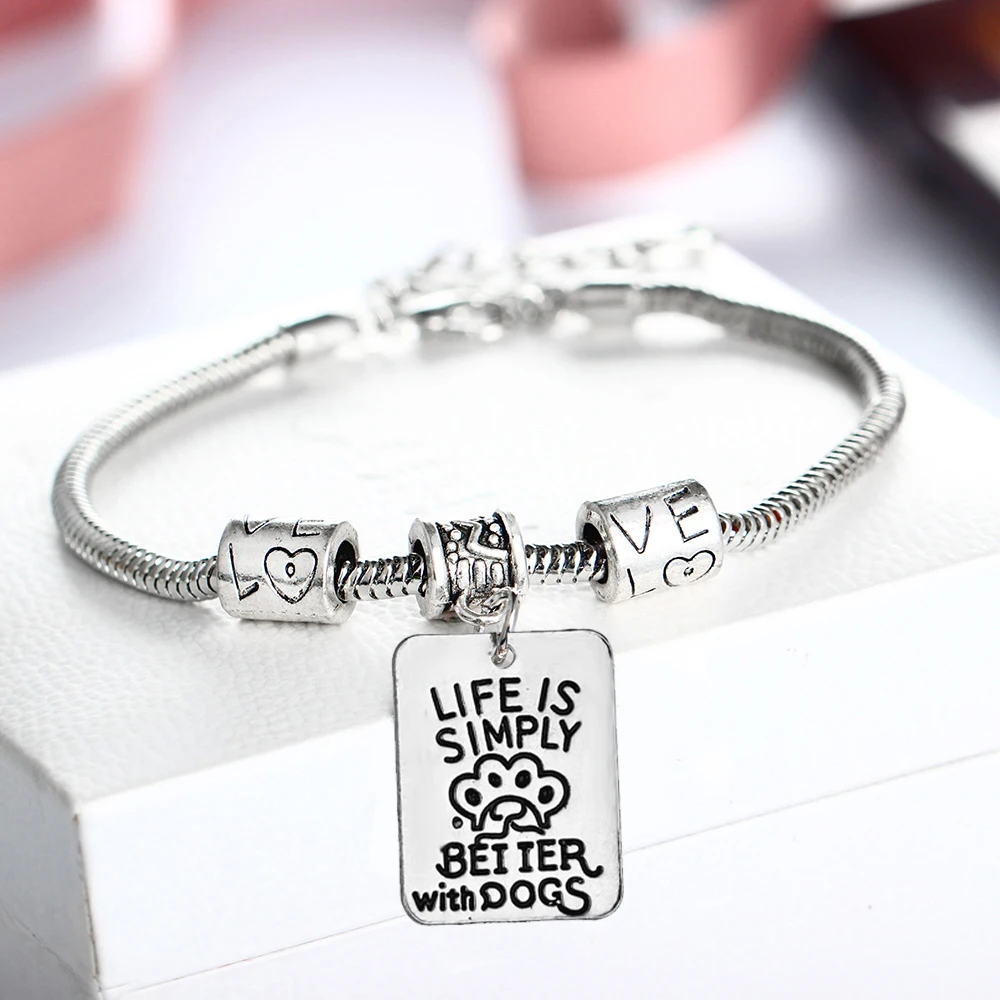 Geometric Life Is Simply Dog Paw Bracelet Love Beads Chain Bangle Women