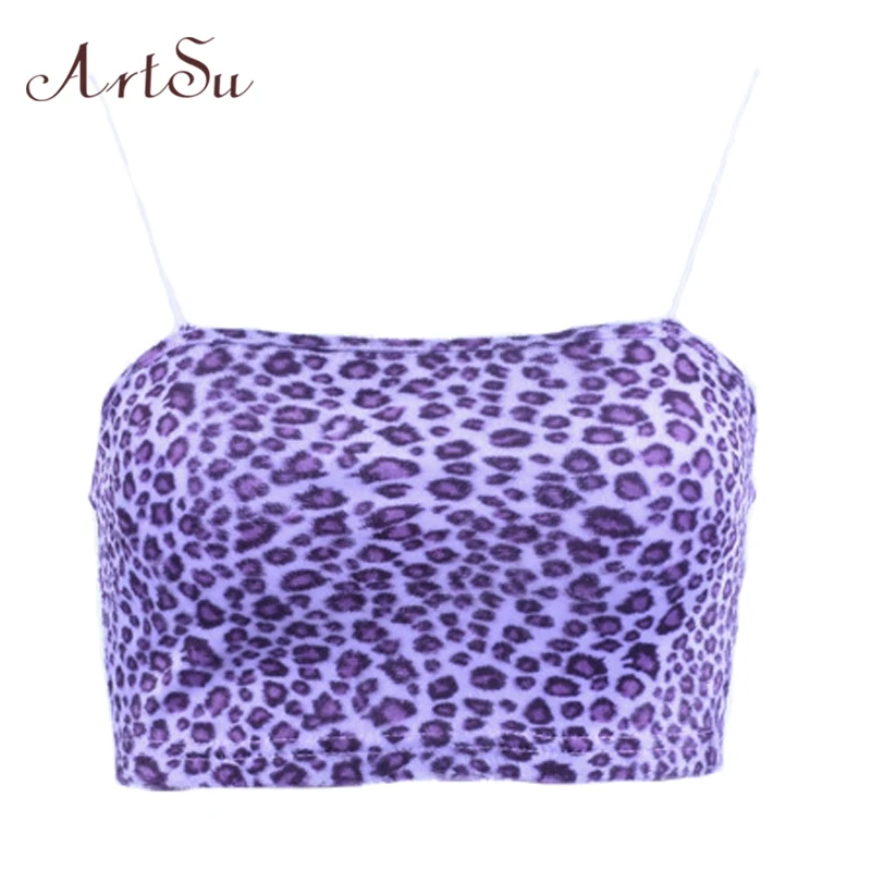 

ArtSu Leopard Sexy Top Women Sleeveless Bustier Crop Top Mujer Off Shoulder Spaghetti Strap Purple Camisole Camis ASVE20379