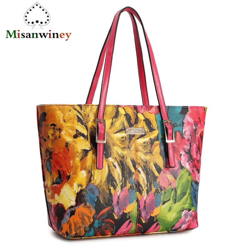 

Oil Painting Flower Print National Handbag Large Capacity Casual Tote Fashion Women Leather Handbags Shoulder Bag Channels Bags