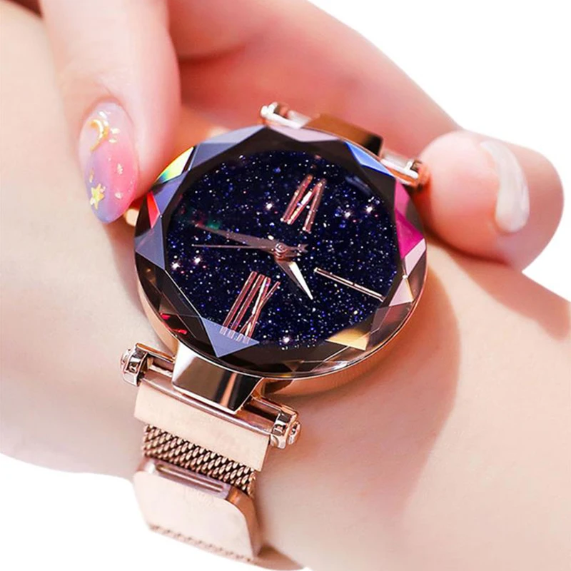 

Fashion Luxury Rose Gold Women Watches Minimalism Starry Sky Magnet Buckle Casual Female Wristwatch Waterproof Roman Numeral