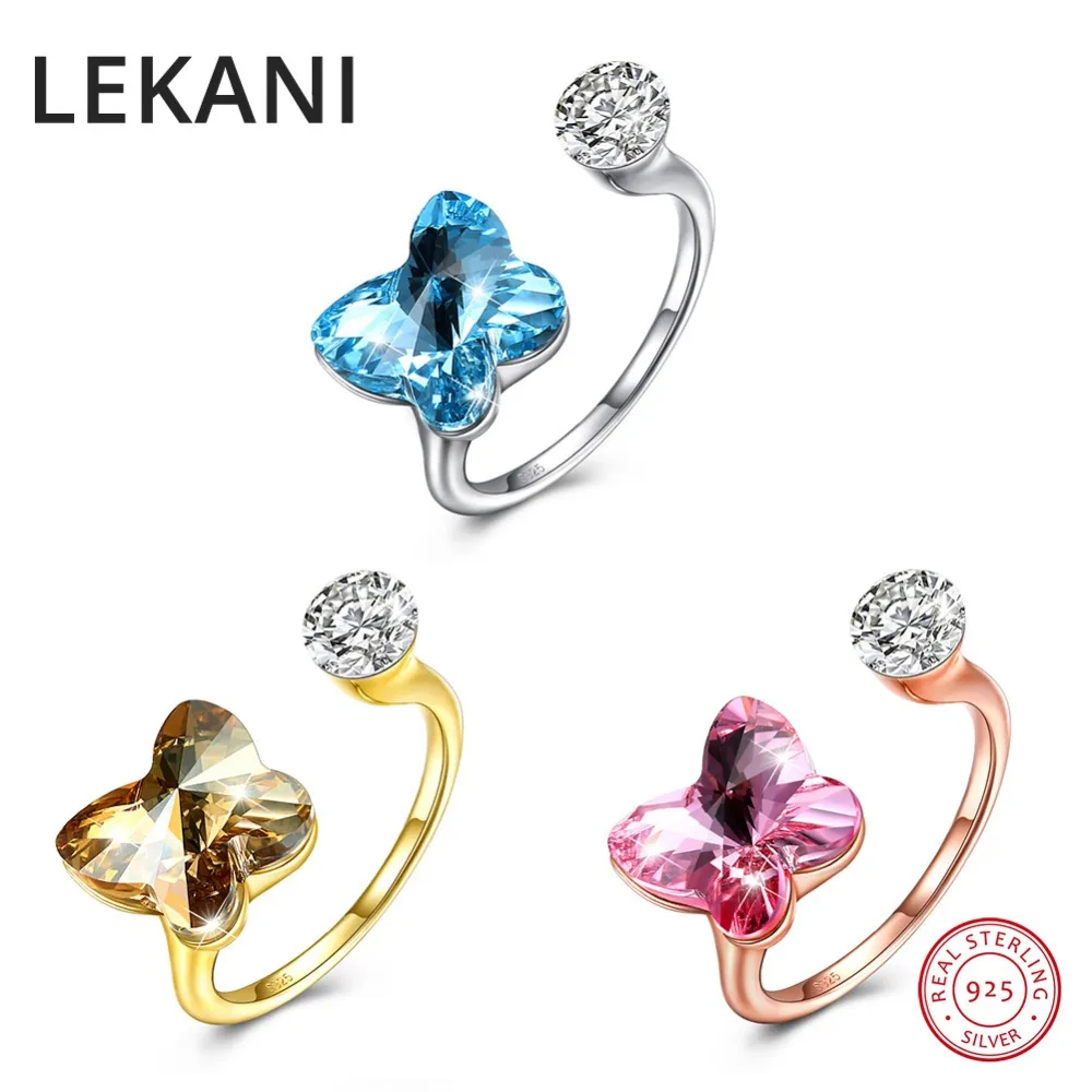 LEKANI Crystals From Swarovski Butterfly Open Rings Resizable Real S925 Silver Fine Finger Accessories For Women Wedding Gifts | Украшения